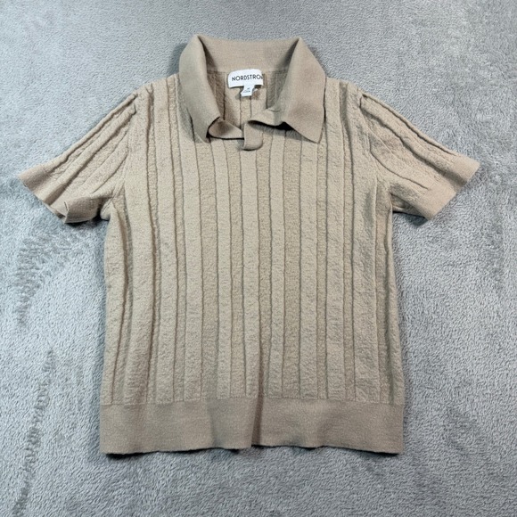 Nordstrom Tops - Nordstrom Polo Top Womens Medium Beige Merino Wool Silk Blend Ribbed Casual